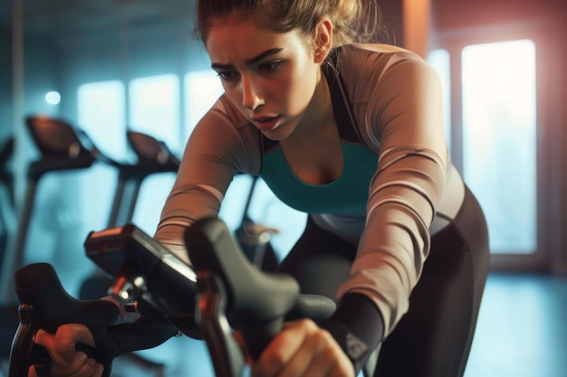 Photo sweaty woman making an effort while cycling on a bike in a gym