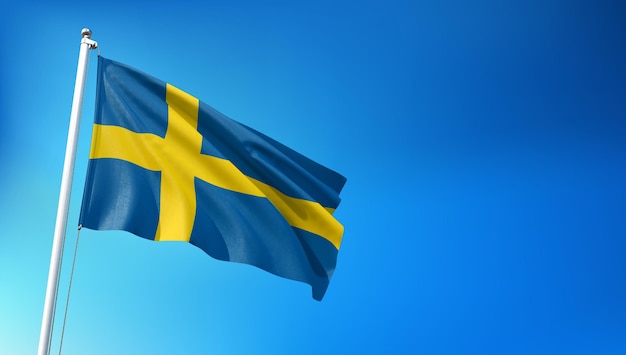 Sweden Flag Flying on Blue Sky Background 3D Render