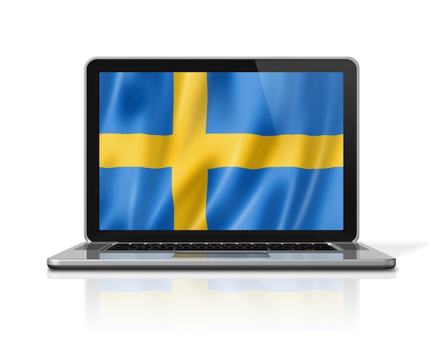 Sweden flag on laptop screen isolated on white. 3D illustration render.