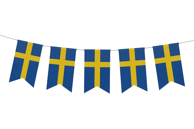 Sweden national flag festive bunting against a plain white background 3D Rendering