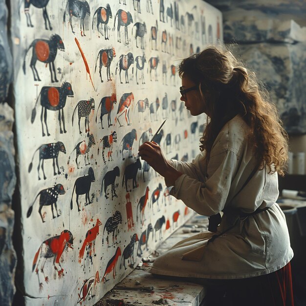 Photo swedish anthropologist analyzing ancient cave paintings