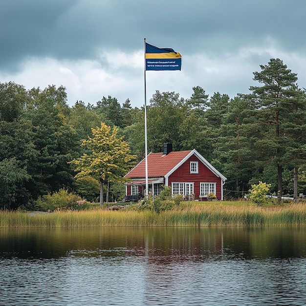 Photo swedish flag flying above red cottage lake forest trees