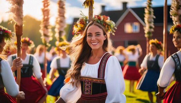 Photo swedish folk dance around a floweradorned maypole