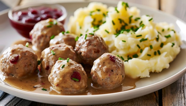 Photo swedish meatballs with mashed potatoes and lingonberry sauce