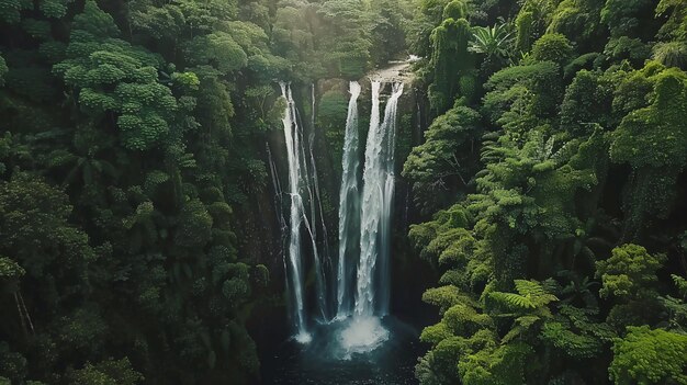 A sweeping drone shot of a cascading waterfall in a dense tropical jungle capturing the dynamic