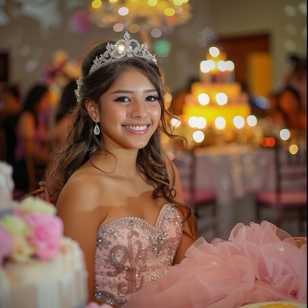 A sweet 16 birthday party with a glamorous dress and tiara