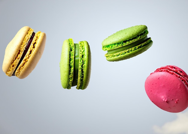 Sweet Airborne Treats CloseUp of Flying Macaroons a Celebration of Vibrant Indulgence