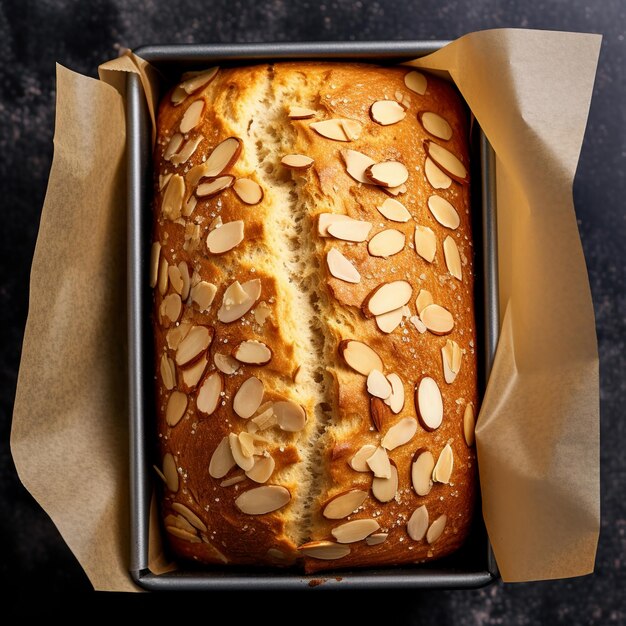 Sweet baked loaf of almond isolated on blur background