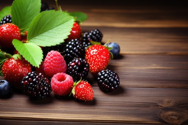 Sweet Berries on Wood Background Organic Strawberries Raspberries and Blackberries over Wooden