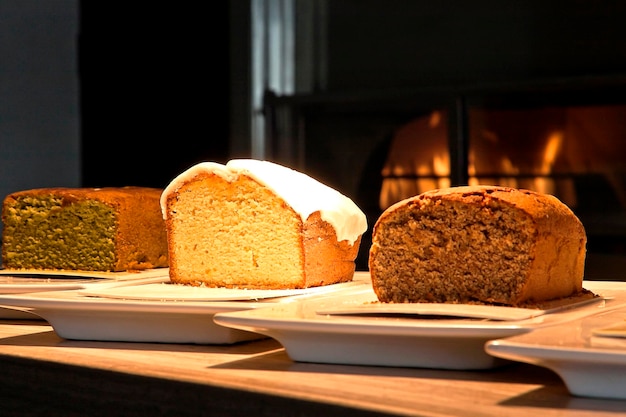 Sweet bread fresh from the oven, bread cut in half showing the crumb face, chocolate and vanilla