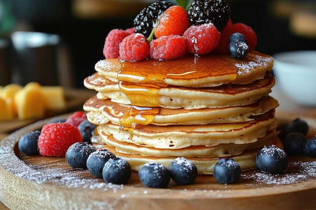 Photo sweet breakfast bliss pancake stack with berries and syrup