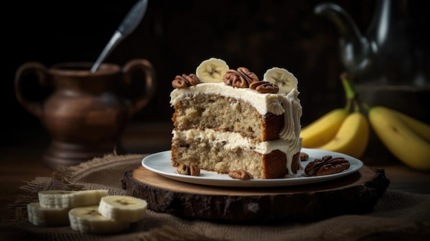 Sweet brown banana cake with cream cheese with banana slices on it blur background