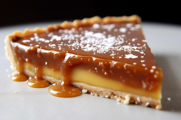 Sweet cake with caramel on a black plate