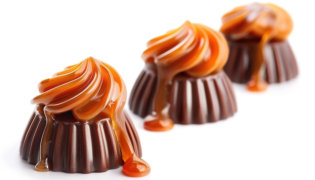 Photo sweet candies with caramel topping on white background