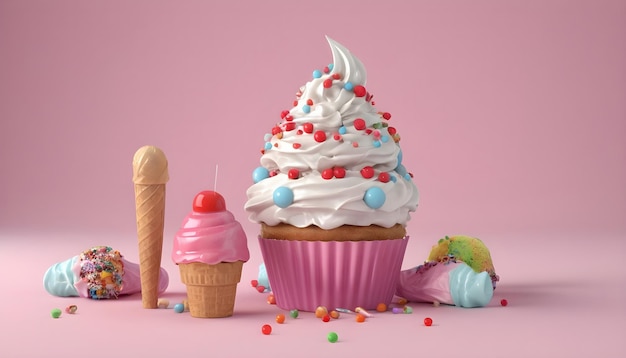 Sweet candy cupcakes and ice cream 3D rendering background