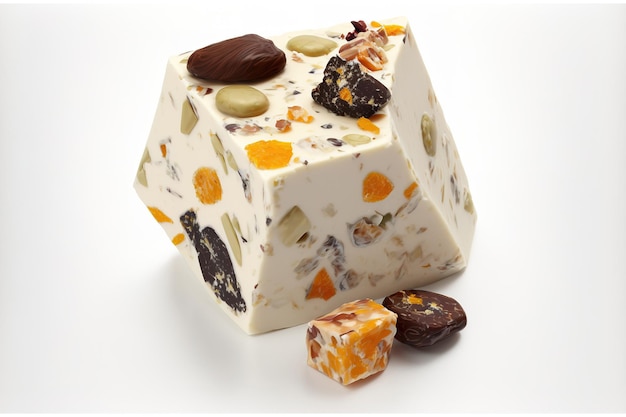 Sweet candy and nut nougat with dried fruit isolated on white