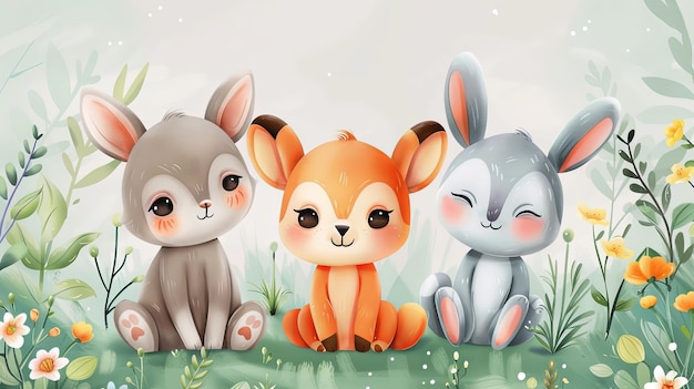 Photo sweet cartoon animals sitting in flowers