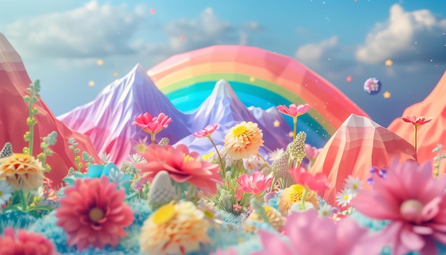 Sweet Cartoon Mountains Flowers Stars And Rainbow In A 3d Rendering Picture With Vibrant Colors And Playful Design Elements