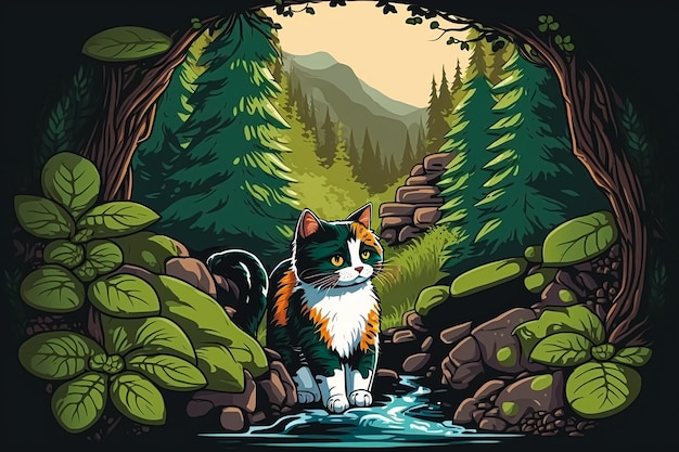 Sweet cat in the green forest children's book style Generative AI