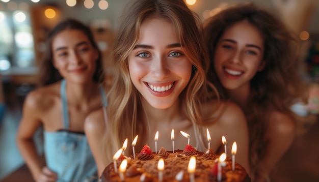 Sweet Celebration Friends Enjoying Chocolate Cake Together