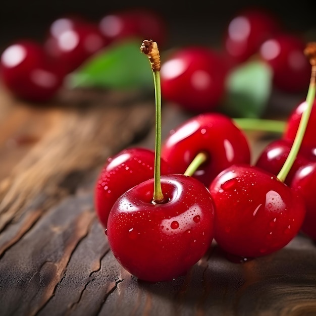 Sweet cherries with water drops on a wooden table