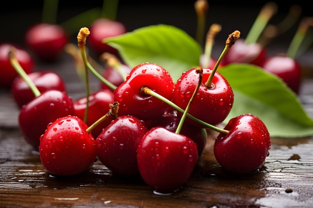 Sweet cherries with water drops on a wooden table