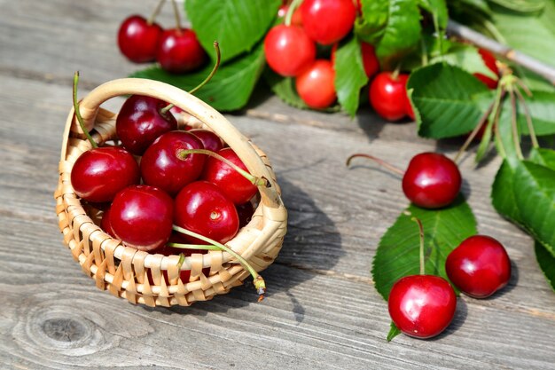 Sweet cherry berries in a wicker basket  on a table in the garden