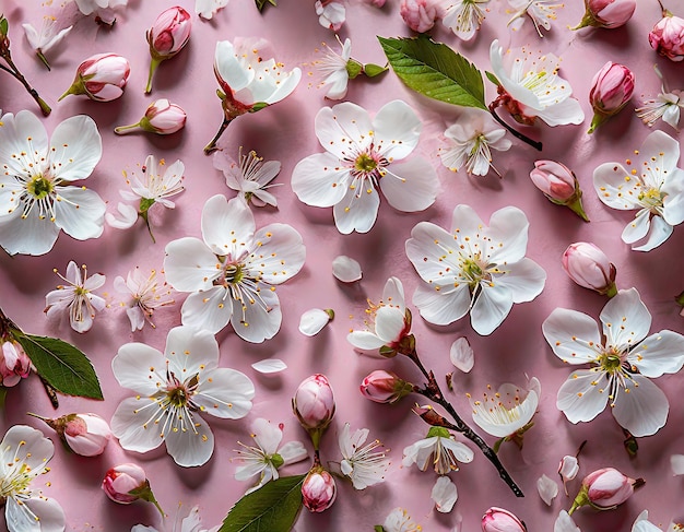 Photo sweet cherry blossom pattern on pink background with spring flowers