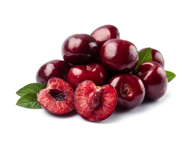 Sweet cherry fruits heap on white backgrounds