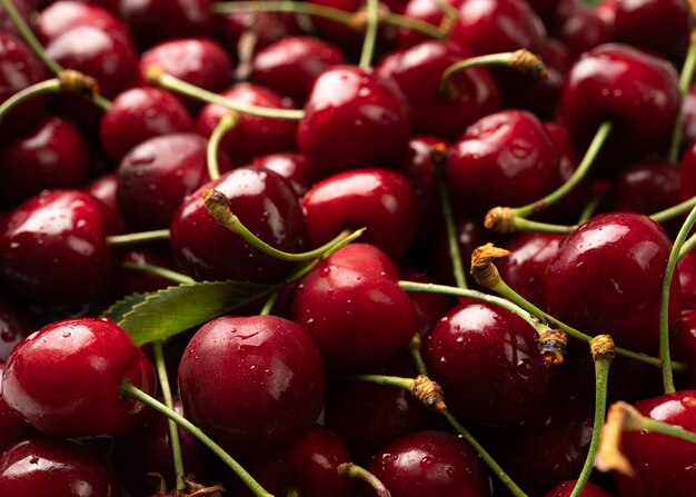 Sweet cherry macro photography close up Antioxidant, natural, organic, vitamin berry Selective focus Drops of water on the surface of berries