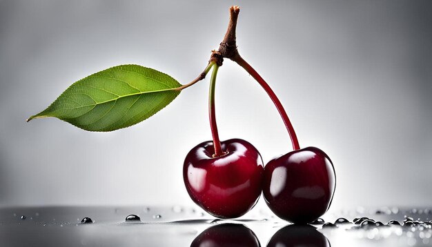 Sweet cherry with a leaf on a white