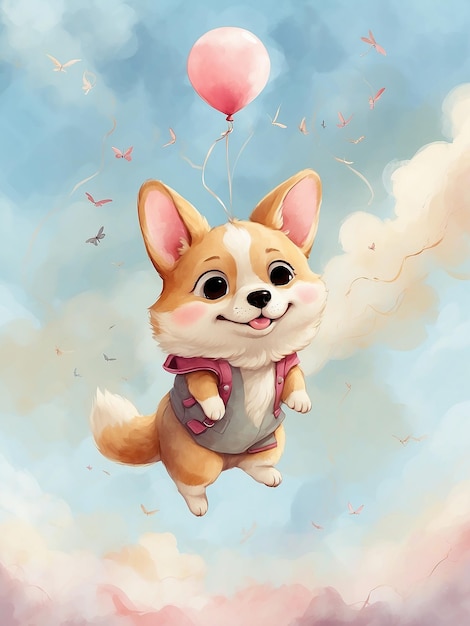 Sweet chibi corgi baby artwork rising high