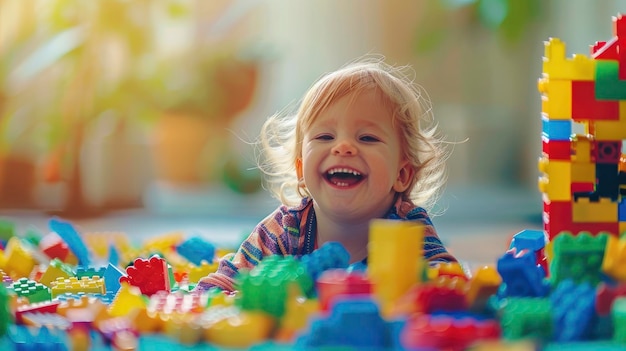 A Sweet Child Happily Plays With Colorful Plastic Blocks