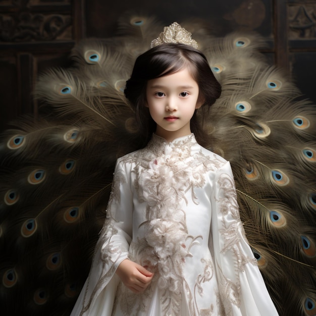 Sweet chinese girl wearing white dress made Generative AI