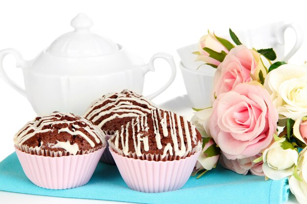 Sweet chocolate cupcakes close up