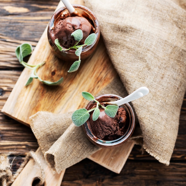 Sweet chocolate ice cream with sage