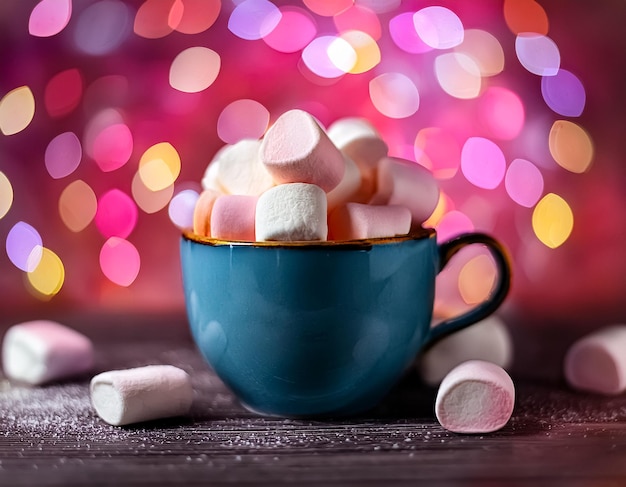 Photo sweet and colorful closeup of chewy marshmallows on pink bokeh background