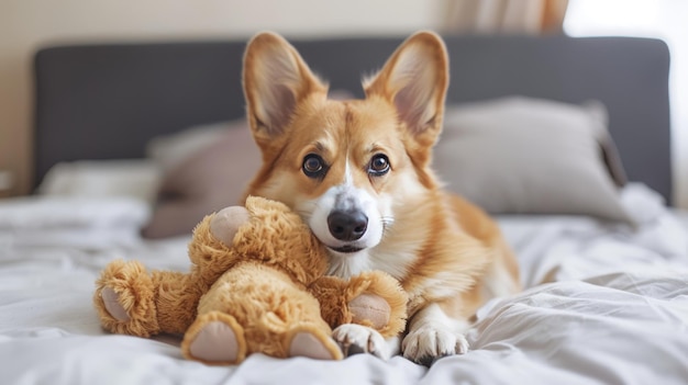 Sweet corgi brings cherished toy to happily engage in playtime with beloved human companion