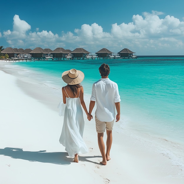 A sweet couple is walking hand on a beach