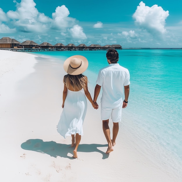 A sweet couple is walking hand on a beach