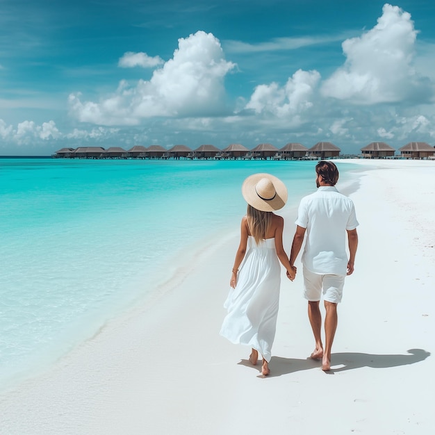 A sweet couple is walking hand on a beach