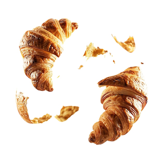 Photo sweet croissants floating isolated on blank background cutout