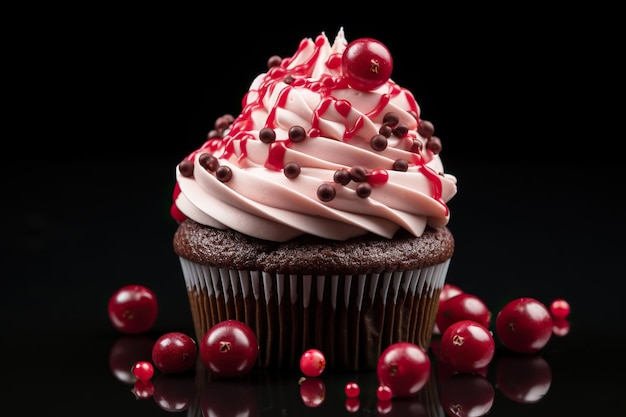 Sweet cupcake with cranberry on black