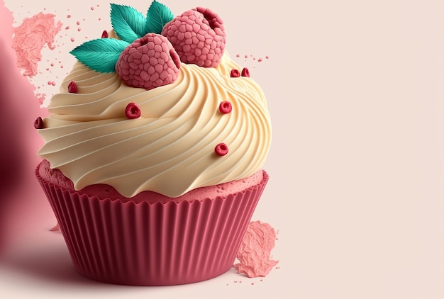 Sweet cupcake with raspberry Illustration Generative AI