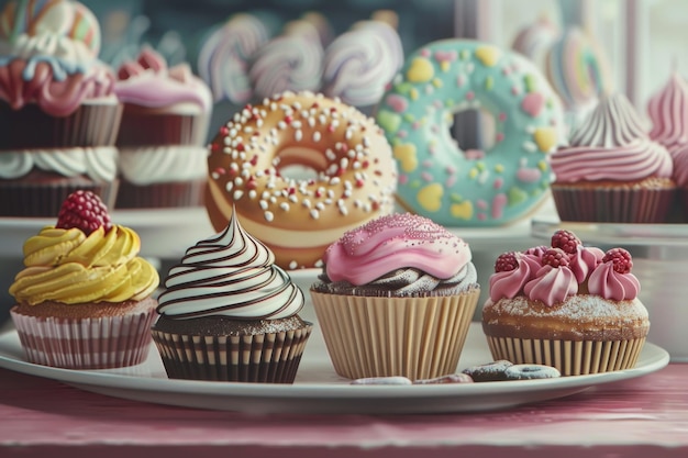 Sweet cupcakes with colorful frosting on a white plate Perfect for bakery or celebration themes