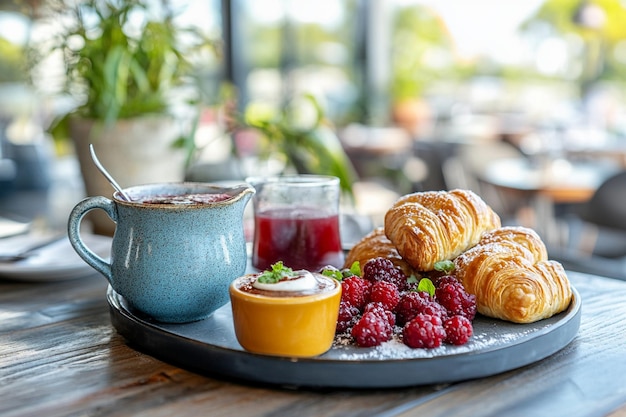 Photo sweet danish pastry on a tray for breakfast and afternoon tea in the restaurant