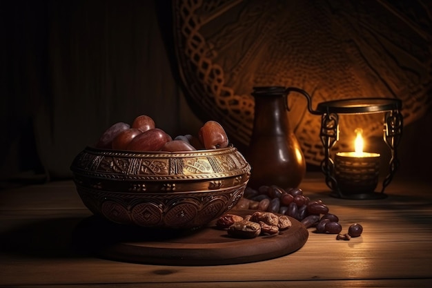 Sweet date in a golden bowl illustration with an Arabian lamp Islamic culture food and Ramadan iftar bowl on a wooden table Religious events of Muslims and food habit illustration Generative AI