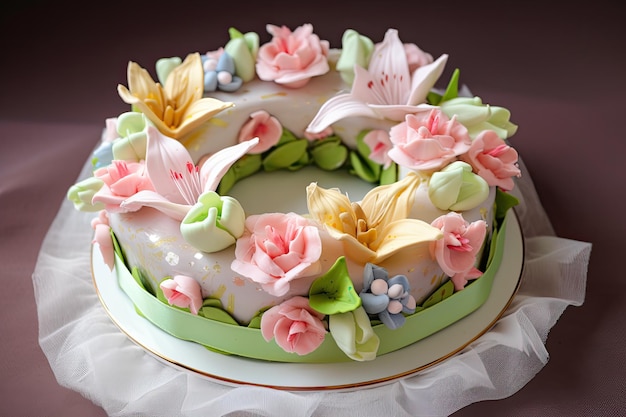 Sweet and delicate ring cake decorated with pastel roses and lilies