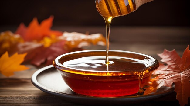 Photo sweet delight syrup drizzles from ladle into bowl