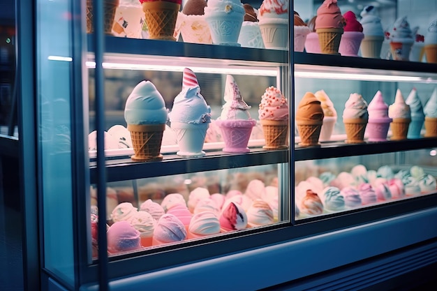 Sweet Delights Showcase Ice Cream and Cakes in Cafe Refrigerator